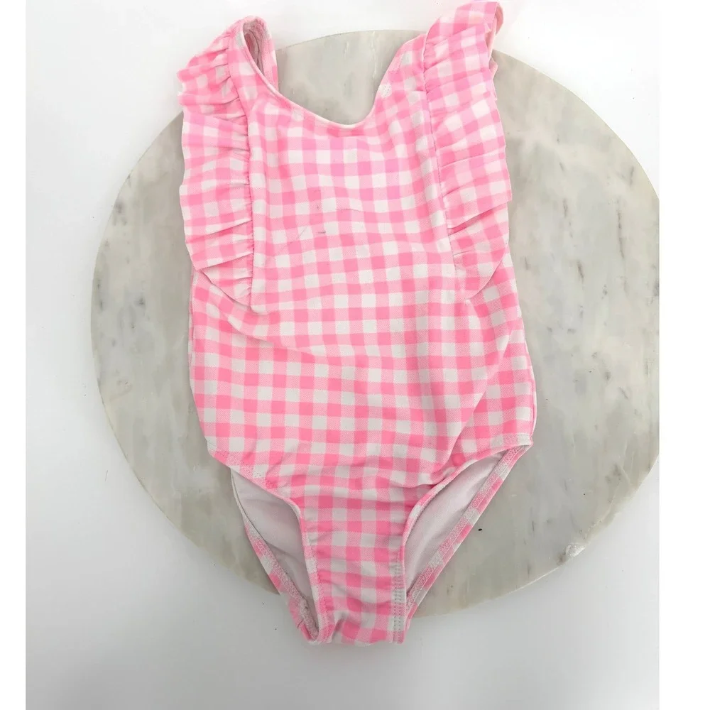 The Childrens Place Girls Pink Gingham Ruffle One Piece Swimsuit Size 2T